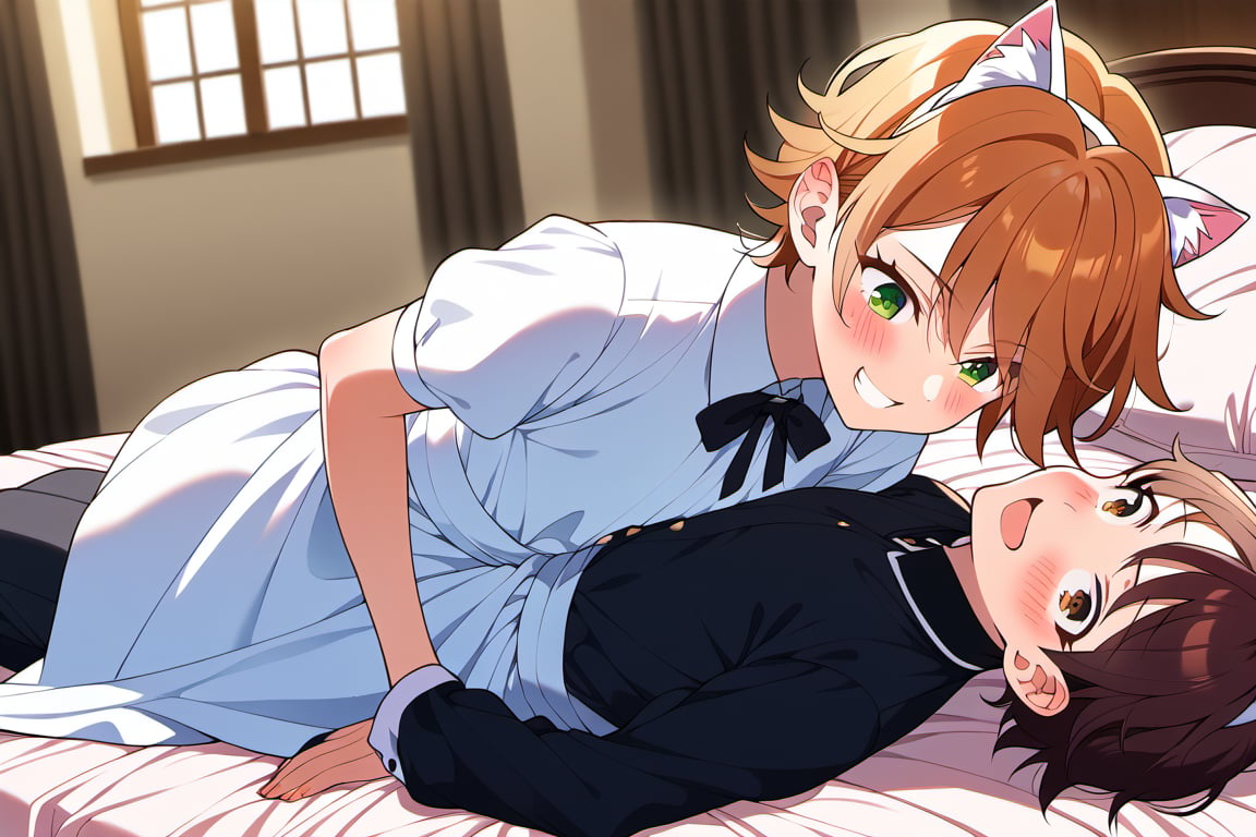 score_9, score_8_up, score_7_up,source_anime, (High quality, anime, extreme details, exquisite light and shadow, 8K, best quality), detailed background, view from top, BREAK, 
(2 boys), yaoi, solo, (size difference:0.5), looking at each other, femboy on top, BREAK, (femboy is (femboy, teen body, maid dress, white cat ear, white boy, gold hair, slightly long hair, green eyes, opened eyes, skinny, kawaii, smiling evil, (blush:0.5), sitting on another,) ), next to (bottom boy is (short orange curly hair, brown eyes, shock, short hair, confused eyes, handsome, waiters suits, taller, blush, lying on bed,)), background is (on bed, beautiful room,), time is ((night)), no text, ExpressiveH,