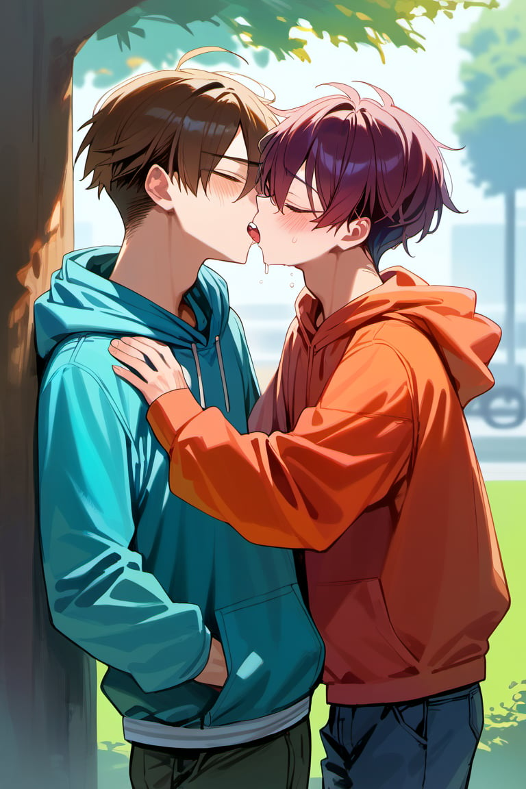 score_9, score_8_up, score_7_up,source_anime, (High quality, anime, extreme details, exquisite light and shadow, 8K, best quality), view from size, BREAK, 2boy,  yaoi, (size difference:1.1), kiss, BREAK, (1boy, hoodie, dark red hair, hair cover eyes, shocked, blush, forced to kiss, shorter), next to (1guy, tall, dark brown hair, closed eyes, short hair, handsome, casual shirt, kiss, taller), background is (park, under tree), time is (noon), no text,