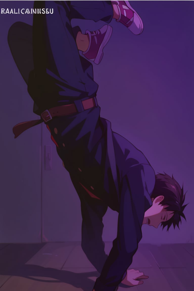 score_9, score_8_up, score_7_up,source_anime, (High quality, anime, extreme details, exquisite light and shadow, 8K, best quality), view from front, BREAK, 1boy, background is (in a dark house), breakdancing, close up