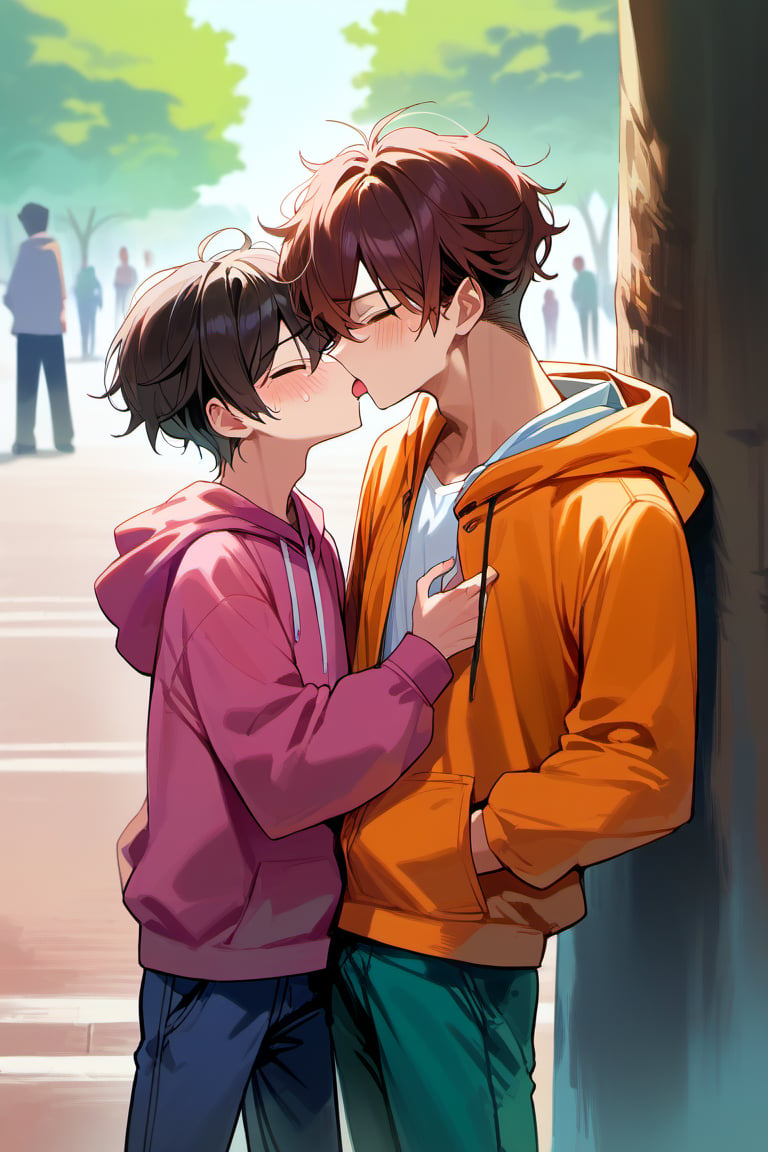 score_9, score_8_up, score_7_up,source_anime, (High quality, anime, extreme details, exquisite light and shadow, 8K, best quality), view from size, BREAK, 2boy,  yaoi, (size difference:1.1), kiss, BREAK, (1boy, hoodie, dark red hair, hair cover eyes, shocked, blush, forced to kiss, shorter), next to (1guy, tall, dark brown hair, closed eyes, short hair, handsome, casual shirt, kiss, taller), background is (park, under tree), time is (noon), no text,