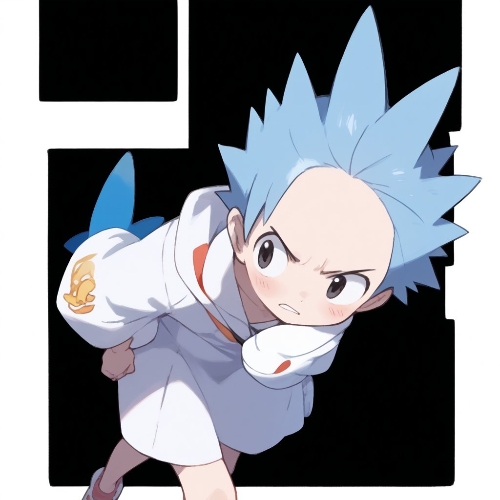  score_9, score_8_up, score_7_up,source_anime, (High quality, anime, extreme details, exquisite light and shadow, 8K, best quality), detailed background, BREAK, 1 boy, teen body, very short hair, sky blue hair, black eyes, blush, angry, no text, pokemon_(anime), pokemon