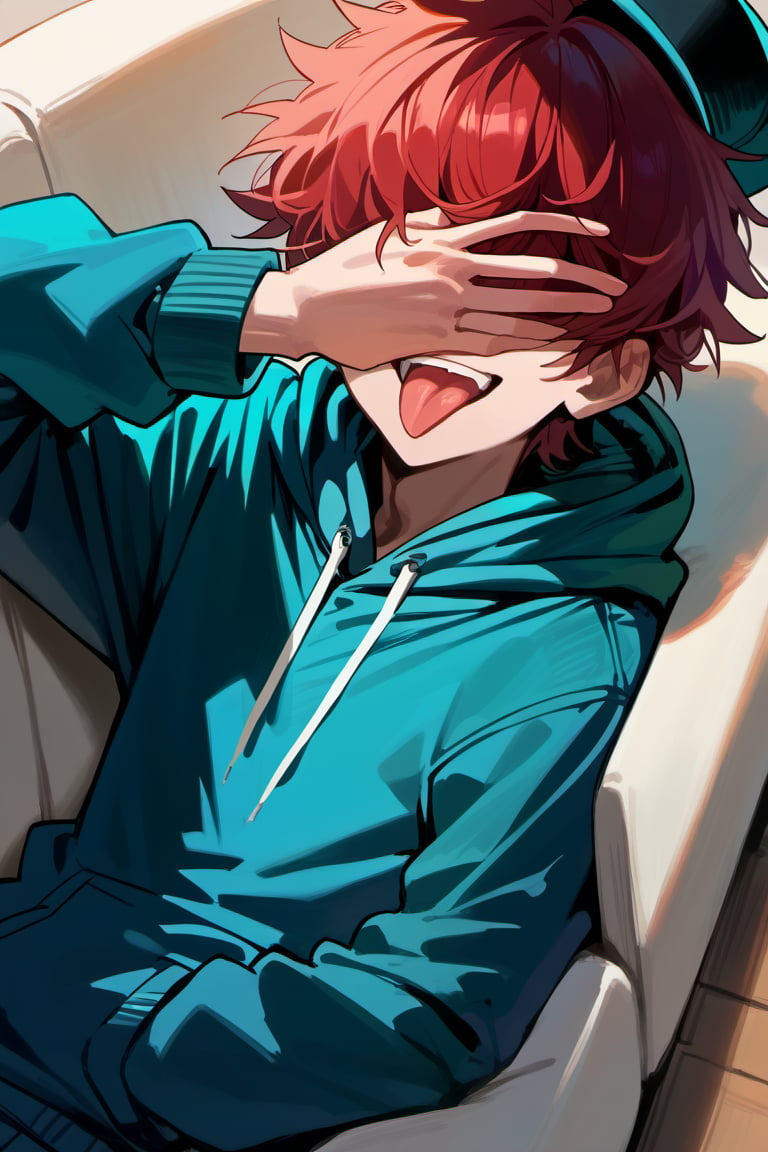 score_9, score_8_up, score_7_up,source_anime, (High quality, anime, extreme details, exquisite light and shadow, 8K, best quality), view from front, BREAK, 1boy, solo focus, ((1boy, hoodie, hoodie hat, (dark red hair), hair covering eyes, sinister smile, open mouth, tongue out, lying on sofa, skinny, holding a smartphone, cool, )) 