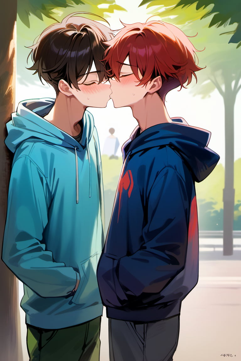 score_9, score_8_up, score_7_up,source_anime, (High quality, anime, extreme details, exquisite light and shadow, 8K, best quality), view from size, BREAK, 2boy,  yaoi, (size difference:1), kiss, BREAK, (1boy, hoodie, dark red hair, hair cover eyes, shocked, blush, forced to kiss, shorter), next to (1guy, tall, dark brown hair, closed eyes, short hair, handsome, casual shirt, kiss, taller), background is (park, under tree), time is (noon), no text,