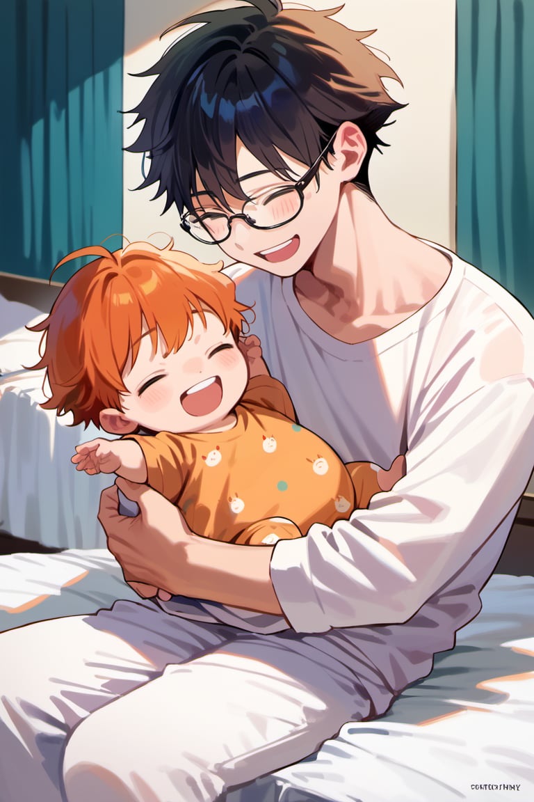 score_9, score_8_up, score_7_up,source_anime, (High quality, anime, extreme details, exquisite light and shadow, 8K, best quality), view from front, BREAK, 1boy, 1baby, background is (bedroom, on bed),yaoi,man, sitting on bed, boy is (Asian boy, young boy, teenage, black hair, black eyes, short hair, Textured Fringe hair style, white pajamas, glasses, hugging the baby, looking at baby, playing with baby, smiling, (blush:0.4),), baby is (baby, orange hair, laughing, closed eyes)