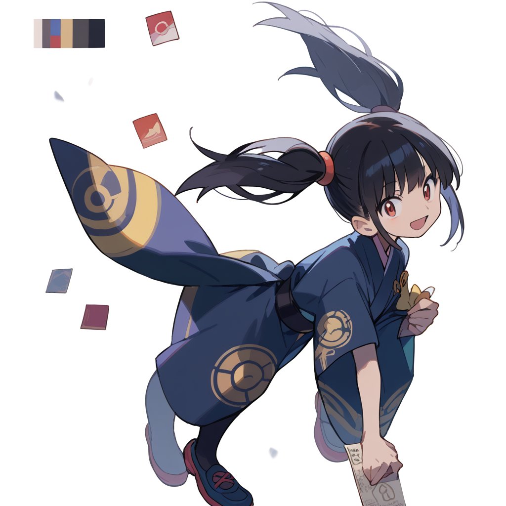  score_9, score_8_up, score_7_up,source_anime, (High quality, anime, extreme details, exquisite light and shadow, 8K, best quality), detailed background, BREAK, 1 girl, adult body, long hair, black hair, twintail hair style, yellow ribbon, red eyes, smiling, holding paper fan, no text, pokemon_(anime), pokemon,