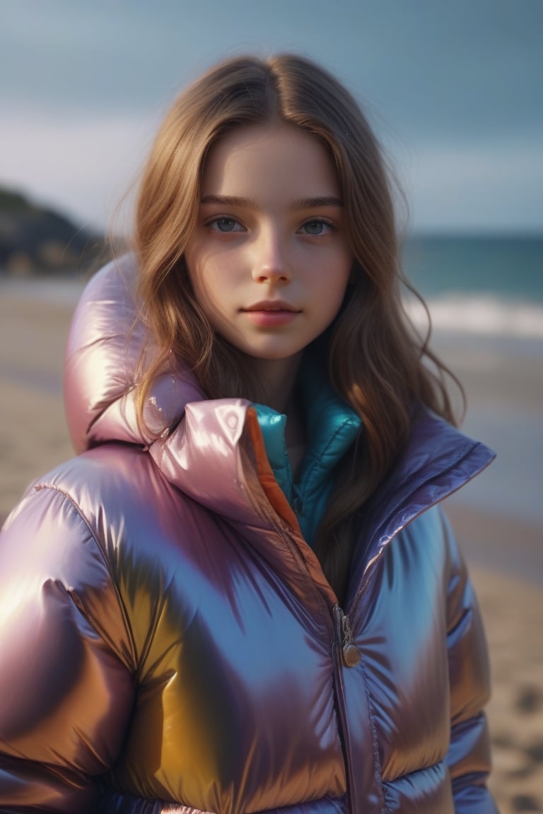 Stunning portrait of sweet, cute, slim, long haired, young European girl on a crowded beach. she is dressed in (shiny), colorful, completely enclosureable, ((puffer winter down jacket, very high yoked)). all other people are summer dressed. tempting, emotional, dramatic, high detail, realistic, realistic character design, inspiring, intense emotion,  [[masterpiece, 8k, RAW photo, portrait, best quality, ultra high res, photorealistic, cinematic lightning, digital painting, storytelling, high resolution, depth of field, lens flare]]