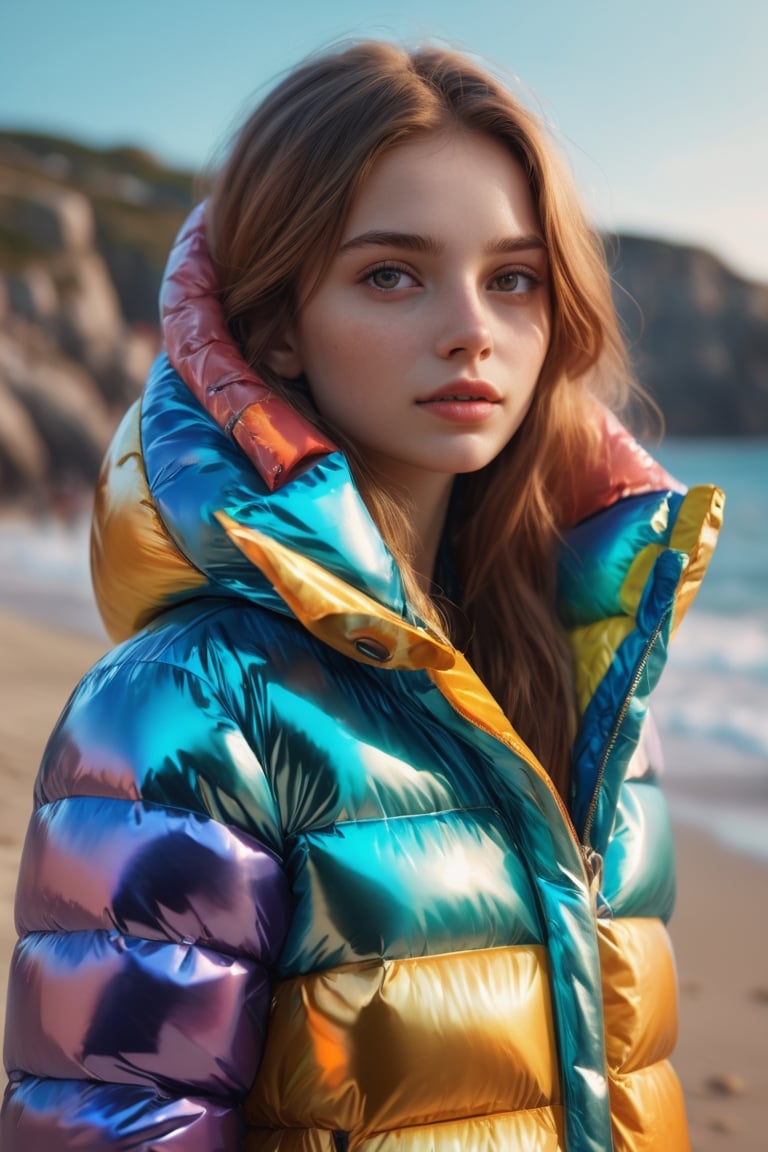 Stunning portrait of sweet, cute, slim, long haired, young European woman on a crowded beach. she is dressed in (shiny), colorful, completely enclosureable, ((puffer winter down jacket, very high yoked)). all other people are summer dressed. tempting, emotional, dramatic, high detail, realistic, realistic character design, inspiring, intense emotion,  [[masterpiece, 8k, RAW photo, portrait, best quality, ultra high res, photorealistic, cinematic lightning, digital painting, storytelling, high resolution, depth of field, lens flare]]