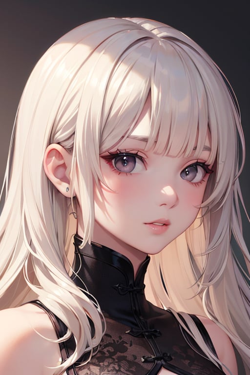 wavy mid-back platinum blonde hair, hime bangs, monolid brown eyes, long eyelashes, Black eyebrows, oval-shaped face, slender gracefully contoured jawline, smooth skin, button nose, full lips, chinese woman, headshot_portrait,portraitart,masterpiece