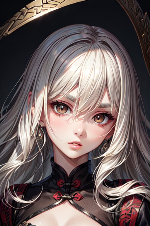 wavy mid-back platinum blonde hair, hime bangs, monolid brown eyes, long eyelashes, Black eyebrows, oval-shaped face, slender gracefully contoured jawline, smooth skin, button nose, full lips, chinese beauty, headshot_portrait,portraitart,masterpiece