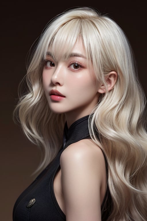 wavy mid-back platinum blonde hair, hime bangs, monolid brown eyes, long eyelashes, Black eyebrows, oval-shaped face, slender gracefully contoured jawline, smooth skin, button nose, full lips, chinese beauty, headshot,facing_viewer