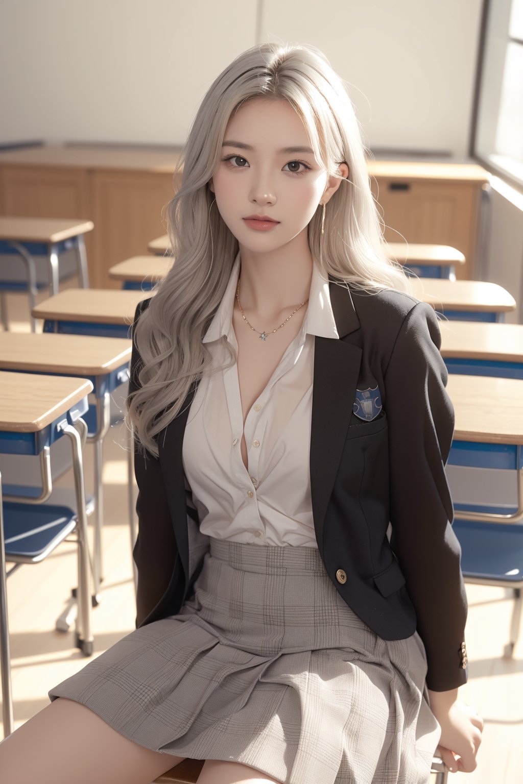 background is classroom,1 girl, beautiful girl(wearing school uniform; jacket((a symbol on chest)), and shirts and voluminous skirt((check pattern))), happy smile, siiting on chair,full body shot,
solo, {beautiful and detailed eyes}, dark eyes, calm expression, delicate facial features, ((model pose)), Glamor body type, slim waist,(grey blonde hair),long Bright wavy hair,very_long_hair, hair past hip,long straight hair,bangs,pale skin,detailed skin,hairpins,
simple tiny necklace,simple tiny earrings, flim grain, realhands, masterpiece, Best Quality, 32k, photorealistic, ultra-detailed, finely detailed, high resolution, perfect dynamic composition, beautiful detailed eyes, sharp-focus, cowboy_shot, 