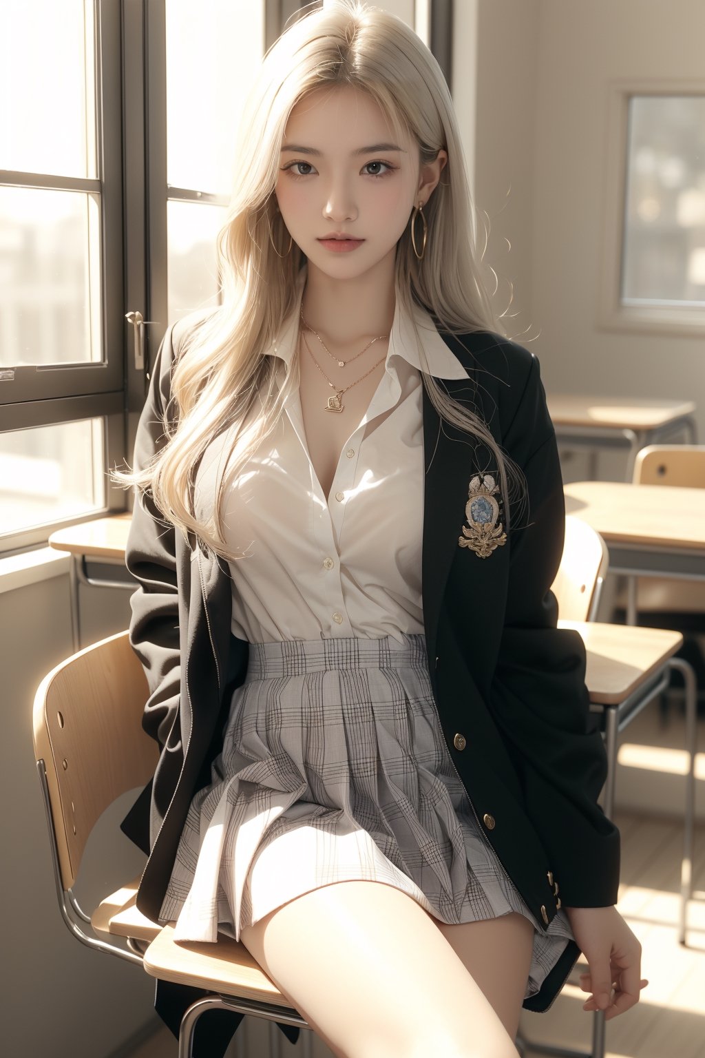 background is classroom,1 girl, beautiful girl(wearing school uniform; jacket((a symbol on chest)), and shirts and voluminous skirt((check pattern))), happy smile, siiting on chair,full body shot,
solo, {beautiful and detailed eyes}, dark eyes, calm expression, delicate facial features, ((model pose)), Glamor body type, slim waist,(grey blonde hair),long Bright wavy hair,very_long_hair, hair past hip,long straight hair,bangs,pale skin,detailed skin,hairpins,
simple tiny necklace,simple tiny earrings, flim grain, realhands, masterpiece, Best Quality, 32k, photorealistic, ultra-detailed, finely detailed, high resolution, perfect dynamic composition, beautiful detailed eyes, sharp-focus, cowboy_shot, 