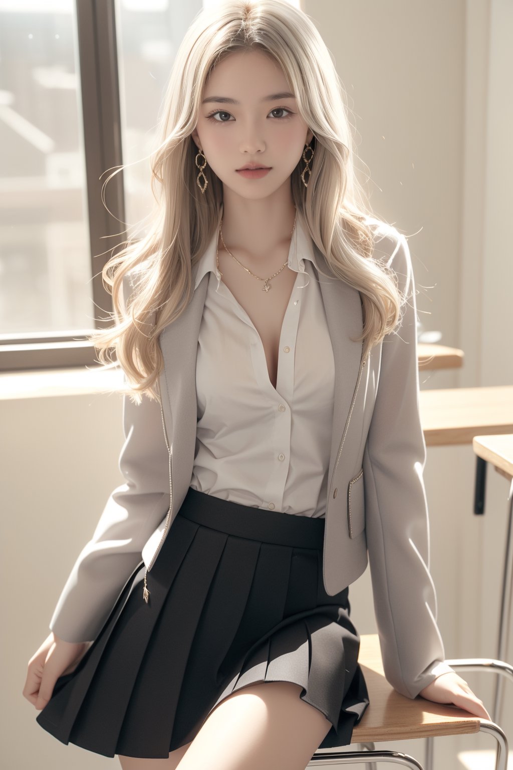 background is classroom,1 girl, beautiful girl(wearing school uniform; jacket((a symbol on chest)), and shirts and voluminous skirt((check pattern))), happy smile, siiting on chair,full body shot,
solo, {beautiful and detailed eyes}, dark eyes, calm expression, delicate facial features, ((model pose)), Glamor body type, slim waist,(grey blonde hair),long Bright wavy hair,very_long_hair, hair past hip,long straight hair,bangs,pale skin,detailed skin,hairpins,
simple tiny necklace,simple tiny earrings, flim grain, realhands, masterpiece, Best Quality, 32k, photorealistic, ultra-detailed, finely detailed, high resolution, perfect dynamic composition, beautiful detailed eyes, sharp-focus, cowboy_shot, 