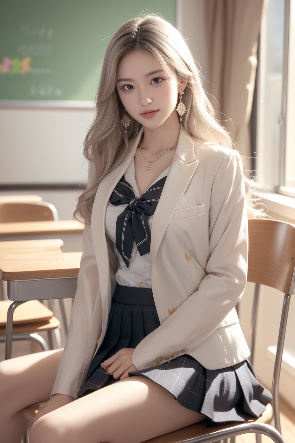 background is classroom,1 girl, beautiful girl(wearing school uniform; jacket((a symbol on chest)), and shirts and voluminous skirt((check pattern))), happy smile, siiting on chair,full body shot,
solo, {beautiful and detailed eyes}, dark eyes, calm expression, delicate facial features, ((model pose)), Glamor body type, slim waist,(grey blonde hair),long Bright wavy hair,very_long_hair, hair past hip,long straight hair,bangs,pale skin,detailed skin,hairpins,
simple tiny necklace,simple tiny earrings, flim grain, realhands, masterpiece, Best Quality, 32k, photorealistic, ultra-detailed, finely detailed, high resolution, perfect dynamic composition, beautiful detailed eyes, sharp-focus, cowboy_shot, 