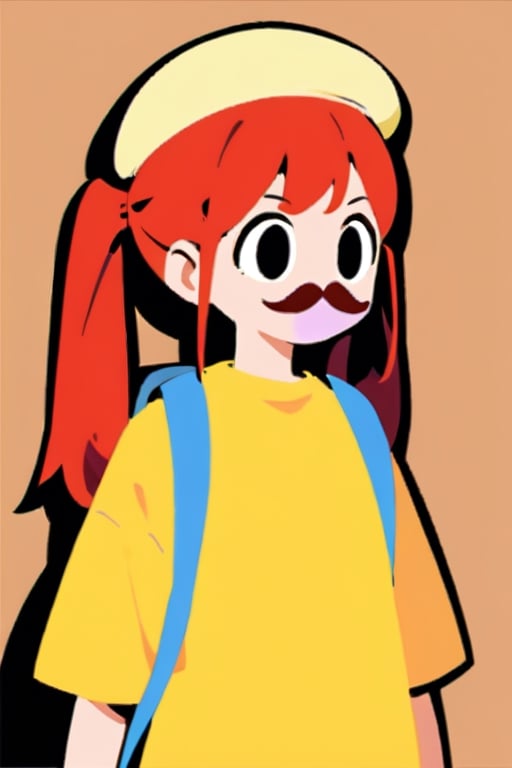 girl, 12 years old, redhead, with hair tied in 2 ponytails, with a beret, black eyes, with a blue backpack, with a yellow t-shirt, with loose brown pants, with purple boots, with a brown beret cap with a red mustache, thick lines.
masterpiece, perfec draw,Flat vector art,CuteCartoonAF