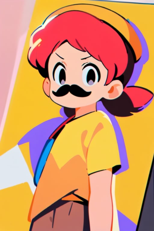 girl, 12 years old, redhead, with hair tied in 2 ponytails, with a beret, black eyes, with a blue backpack, with a yellow t-shirt, with loose brown pants, with purple boots, with a brown beret cap with a red mustache, cartoon.

masterpiece, perfec draw,Flat vector art