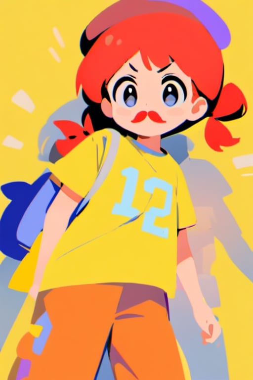 girl, 12 years old, redhead, with hair tied in 2 ponytails, with a beret, black eyes, with a blue backpack, with a yellow t-shirt, with loose brown pants, with purple boots, with a brown beret cap with a red mustache.

masterpiece, perfec draw,Flat vector art