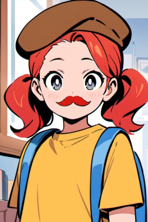 girl, 12 years old, redhead, with hair tied in 2 ponytails, with a beret, black eyes, with a blue backpack, with a yellow t-shirt, with loose brown pants, with purple boots, with a brown beret cap with a red mustache.
masterpiece, perfec draw,Flat vector art