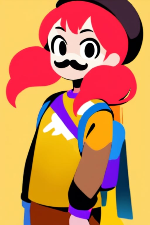 girl, 12 years old, redhead, with hair tied in 2 ponytails, with a beret, black eyes, with a blue backpack, with a yellow t-shirt, with loose brown pants, with purple boots, with a brown beret cap with a red mustache.

masterpiece, perfec draw,Flat vector art