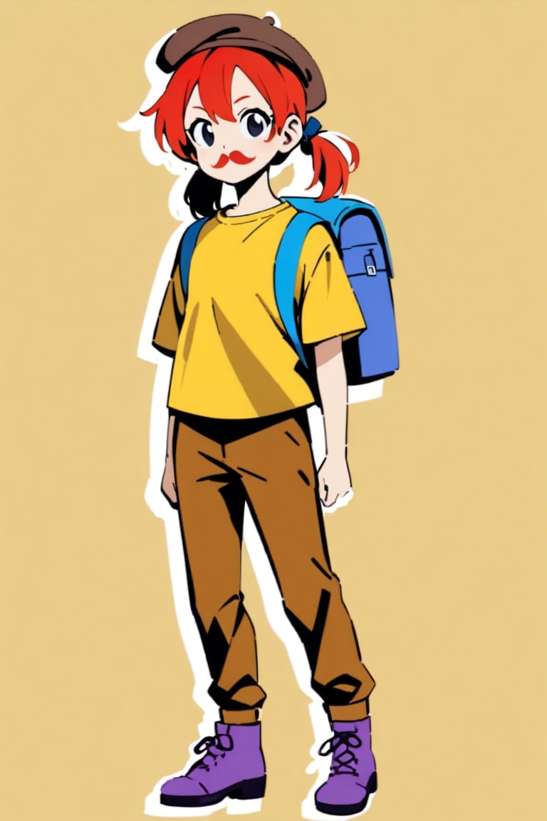 girl, 12 years old, redhead, with hair tied in 2 ponytails, with a beret, black eyes, with a blue backpack, with a yellow t-shirt, with loose brown pants, with purple boots, with a brown beret cap with a red mustache.

masterpiece, perfec draw,Flat vector art,niji6,Leonardo Style