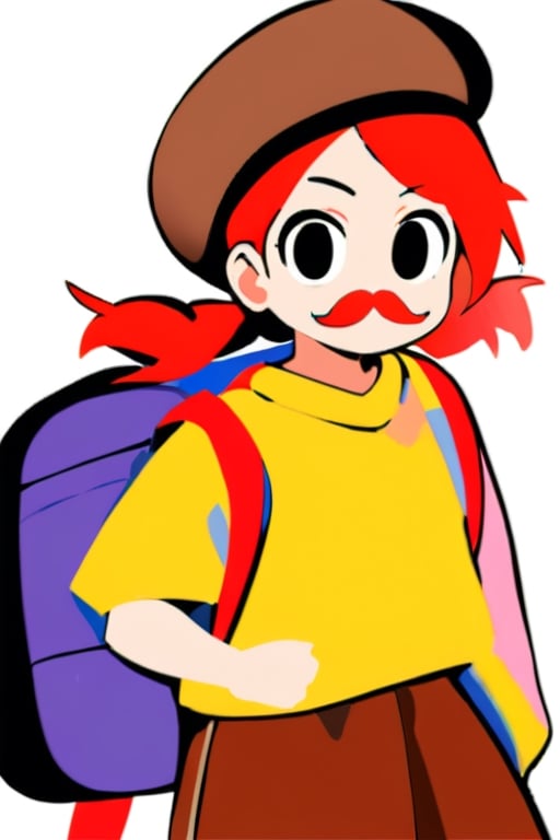 girl, 12 years old, redhead, with hair tied in 2 ponytails, with a beret, black eyes, with a blue backpack, with a yellow t-shirt, with loose brown pants, with purple boots, with a brown beret cap with a red mustache.
masterpiece, perfec draw,Flat vector art