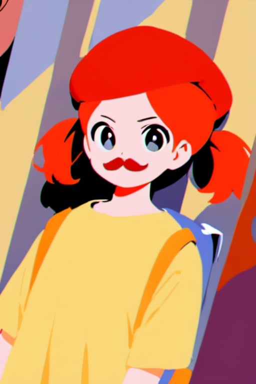 girl, 12 years old, redhead, with hair tied in 2 ponytails, with a beret, black eyes, with a blue backpack, with a yellow t-shirt, with loose brown pants, with purple boots, with a brown beret cap with a red mustache.
masterpiece, perfec draw,Flat vector art