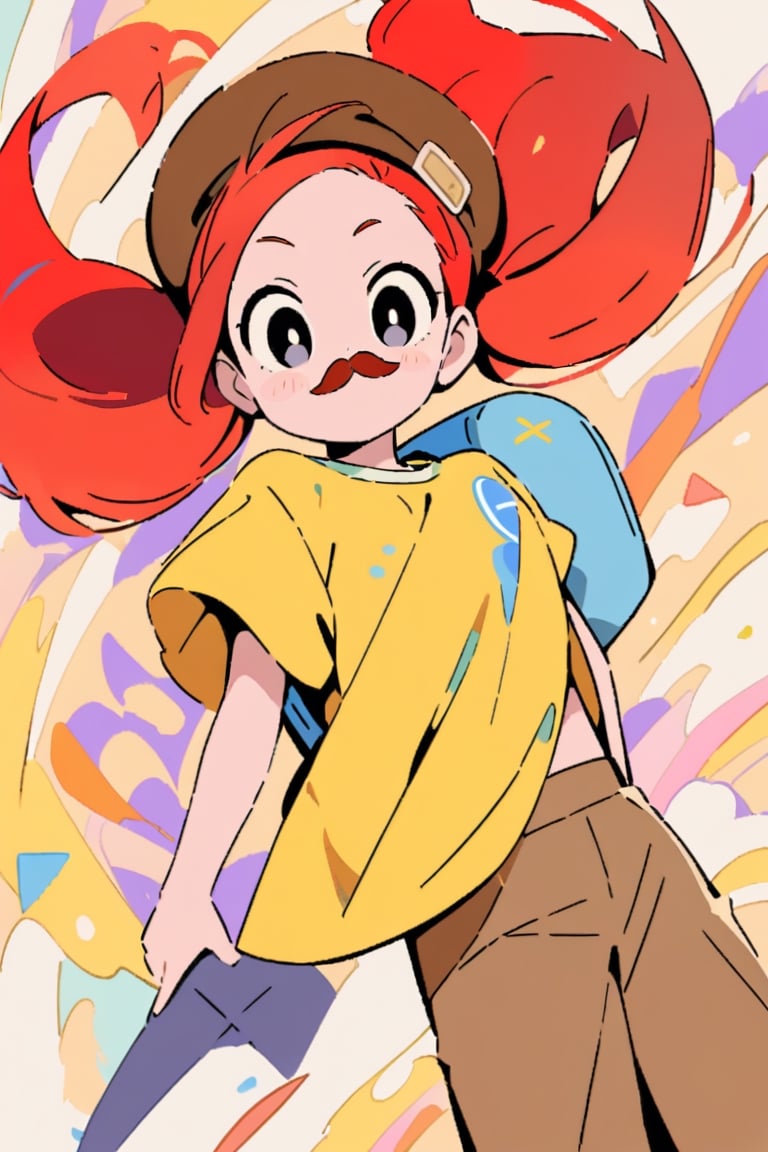 girl, 12 years old, redhead, with hair tied in 2 ponytails, with a beret, black eyes, with a blue backpack, with a yellow t-shirt, with loose brown pants, with purple boots, with a brown beret cap with a red mustache.

masterpiece, perfec draw,Flat vector art,niji6