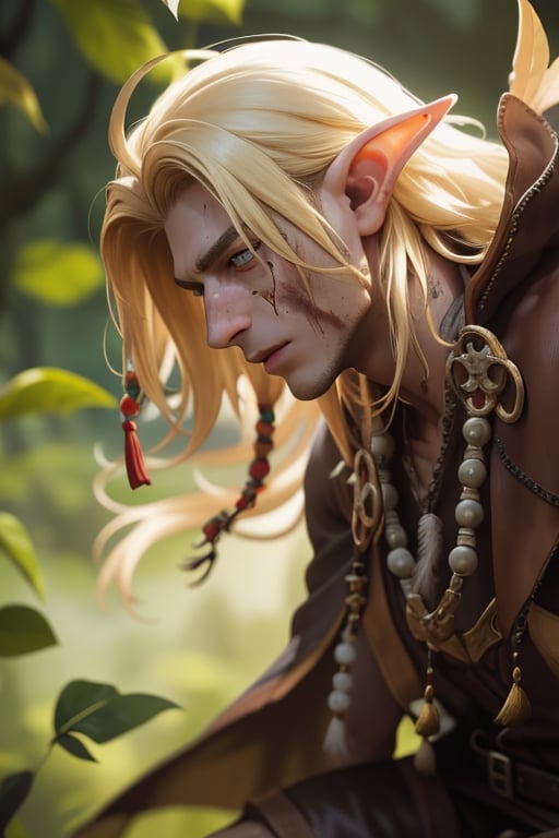 1guy, young elf man, lean, slender, long hair, dirty blonde, very messy hair, tribal, leather, tattered cape, hair adorned with beads and leaves, boots, beads, bone ornaments, feathers, fantasy forest background (dark), blurry background, looking to the side, dramatic lighting, face close-up