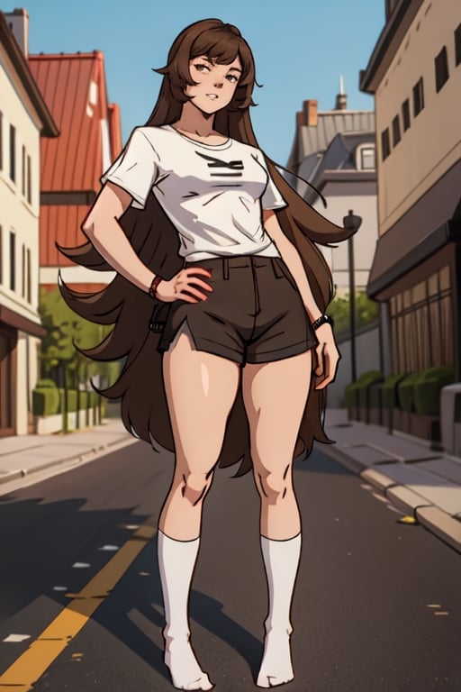 A 20year old girl that has a curvy body:1.2, full lips, brown hair, long hair, straight_hair, bangs, full-body_portrait, white top shirt, brown shorts, high detailed. Perfect generator hands, red thight highs socks, in a street, perfect generator legs, perfect feet,Flat vector art,Vector illustration,more detail XL,highres,masterpiece,socks,photorealistic,Amber