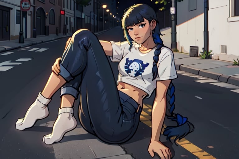 A 30year old girl that has a curvy body, black eyes:1.2, full lips, blue hair, tail braid hair, straight_hair, bangs, full-body_portrait, black top shirt, blue jeans pants, high detailed. Perfect generator hands, white ankle socks, in a street, perfect generator legs, perfect feet,Flat vector art,Vector illustration,more detail XL,highres,masterpiece,socks,photorealistic