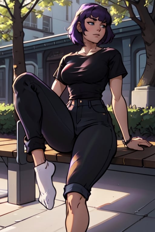 A 20year old girl that has a curvy body, brown eyes:1.2, full lips, dark purple hair, short hair, straight_hair, bangs, full-body_portrait, black gothic shirt, jeans pants, high detailed. Perfect generator hands, black anle socks, in a park, perfect generator legs, perfect feet,Flat vector art,Vector illustration,more detail XL,highres,masterpiece,socks,photorealistic