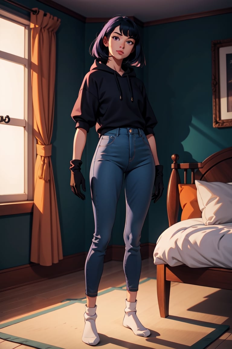 A young woman, curvy body, full_body, dark blue hair, medium hair, bangs hair, high_resolution, black_eyes, black hoodie, purple pants, white_socks, gloves, in her room, masterpiece, 4K, perfect legs, perfect arms, perfect hands, perfect feets, high detailed