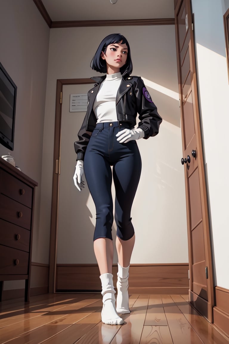 A young woman, curvy body, full_body, dark blue hair, medium hair, bangs hair, high_resolution, black_eyes, black punk jacket, purple_pants, white_socks, gloves, in her room, masterpiece, 4K, perfect legs, perfect arms, perfect hands, perfect feets, high detailed,FOLDED_SOCKS