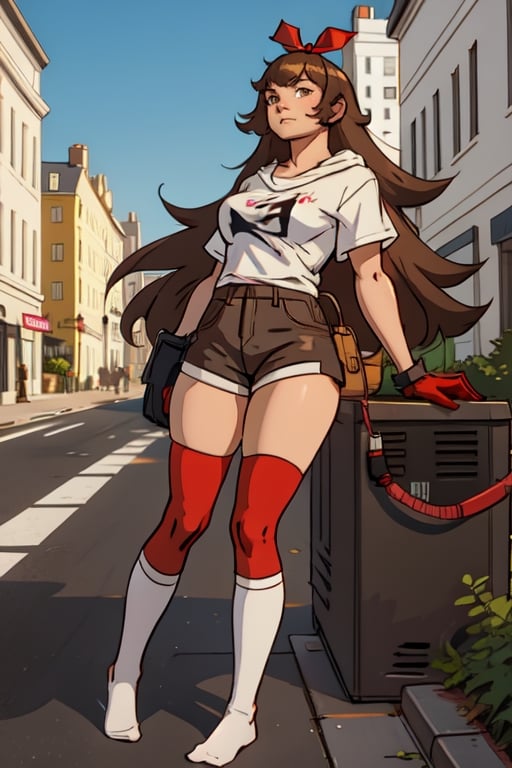 A 20year old girl that has a curvy body:1.2, full lips, brown hair, long hair, straight_hair, bangs, full-body_portrait, white top shirt, brown shorts, red ribbon, high detailed. Perfect generator hands, red thight highs socks, in a street, perfect generator legs, perfect feet,Flat vector art,Vector illustration,more detail XL,highres,masterpiece,socks,photorealistic,Amber,