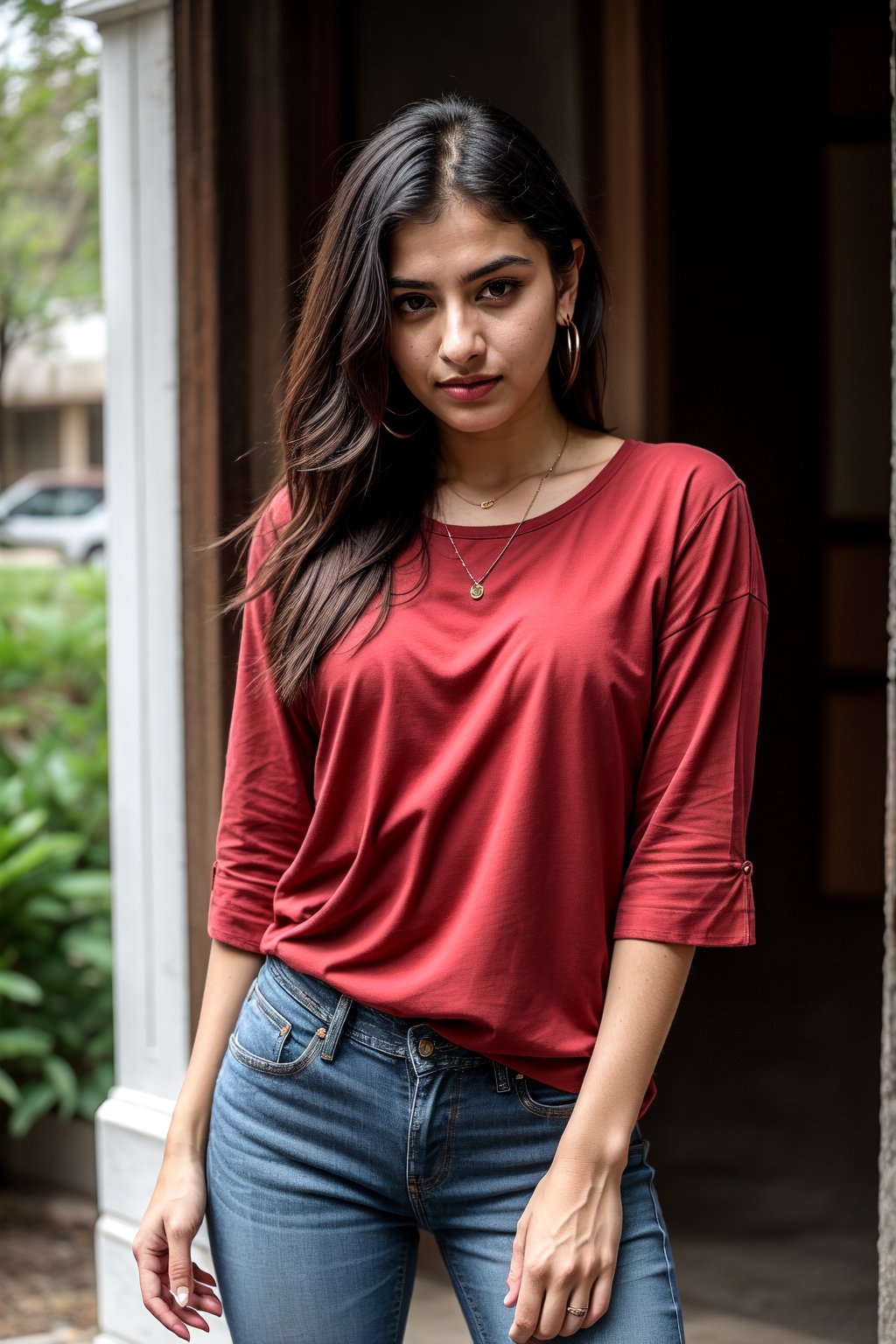 There a girl isma young hot beautiful hsdan girl Wearing red Shirt and Jeans, hot looks face features like Kama Kaif, summer look Standing locking into the camera, portrait causal phets ResPurtrat