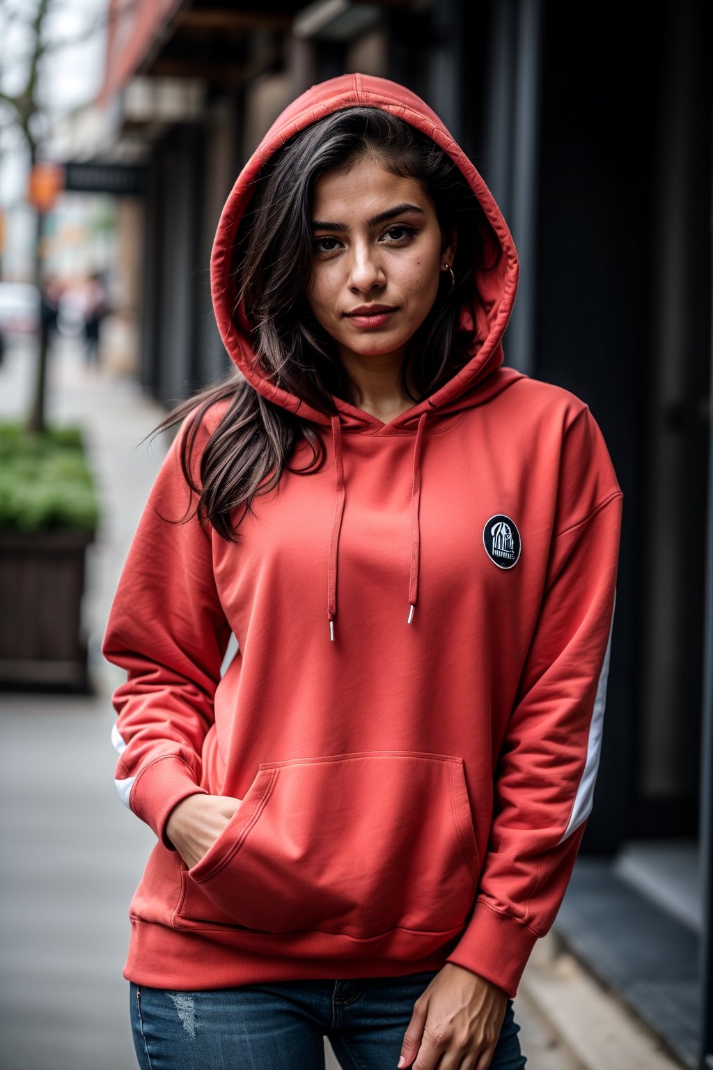 There a girl isma young hot beautiful hsdan girl Wearing red hoodie, hot looks face features like Kama Kaif, summer look Standing locking into the camera, portrait causal phets ResPurtrat