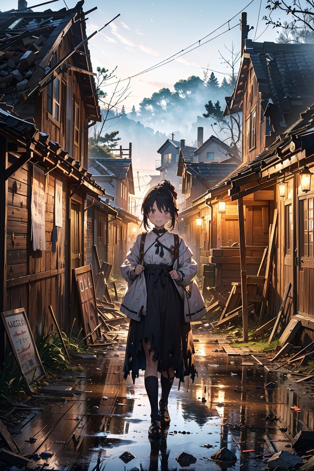 (little girl), (8 years old), (black hair tied up), (suit), (medieval, ancient dress), (peasant clothing) ((clothing color, black bottom and white top)), happy expression, ( (destroyed and abandoned village)), destroyed houses without light (forest), (at night), (small scratches) on the face and clothes.