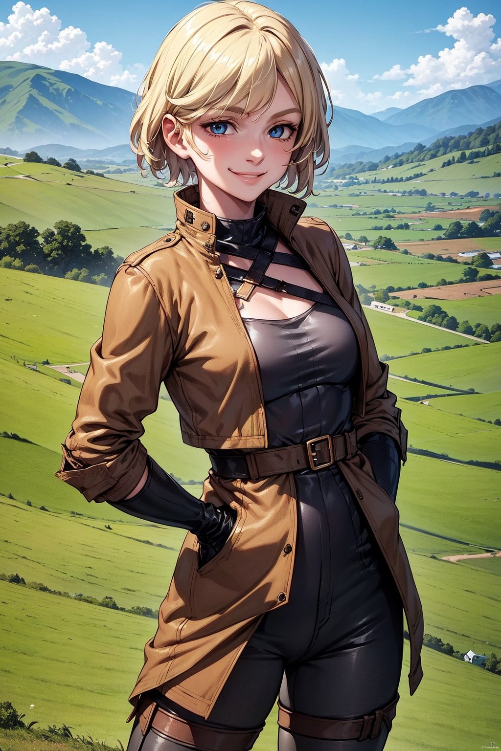 Freya, 21 years old, blonde girl, blue eyes, short hair, (short closed brown jacket), (long dark pants) black knee high boots, standing, hands behind her back, expression a smile, outside, field, landscape, high contrast