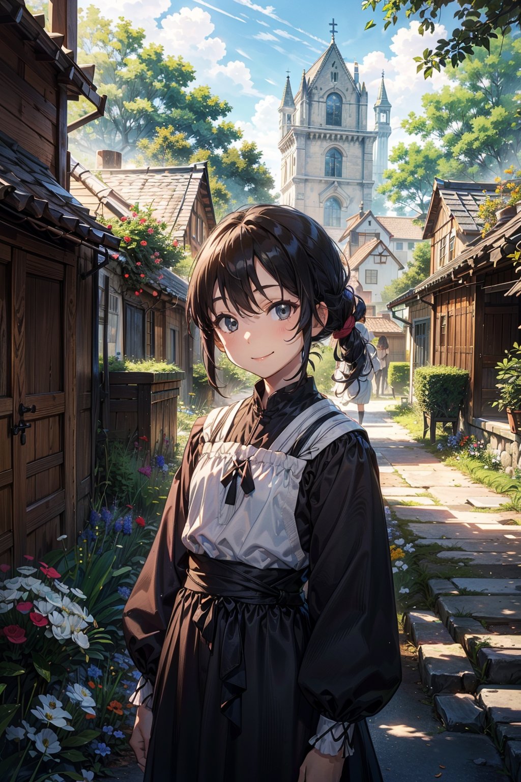 (1 girl), alone (8 years old), (black hair tied up), (suit), (medieval, ancient dress), (peasant clothing) ((clothing color, black bottom and white top)), ( (smiling expression)), (on the outskirts of a town), trees, flowers, (plain), (wind), (day), ((a beautiful day)), (clear).