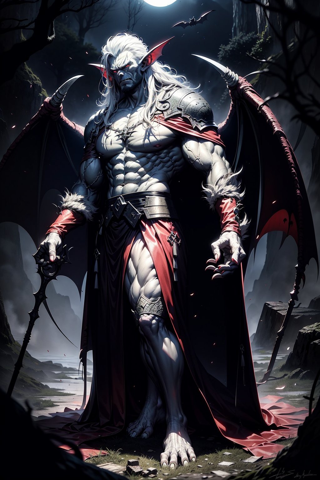 (scary monster, appearance of a burly man) (vampire), (bat ears), ((angry look)), (angry expression), (fangs), (red eyes), (long white hair), (muscular body ), (protruding veins), tall, (bat wings), ((completely white, pale skin)), (claws on the feet and hand), (lying on the ground face up defeated), (a black, old tunic and broken, set), standing in the middle of a dark forest, ((at night))