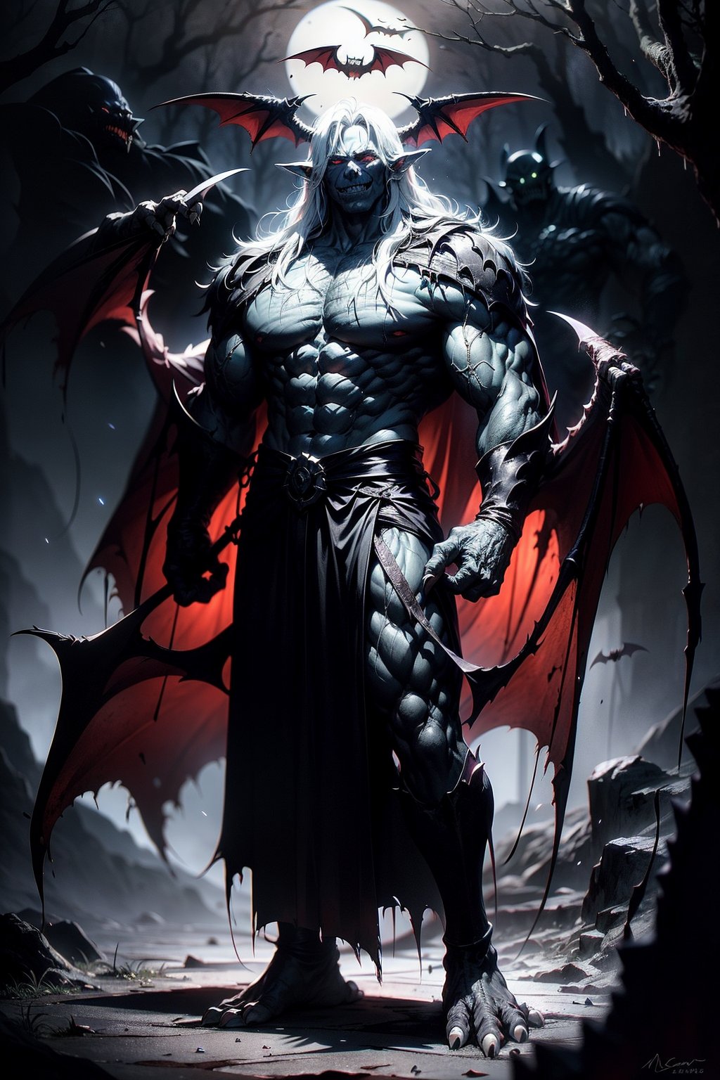 (scary monster, appearance of a burly man) (vampire), (bat ears), ((macabre smile)), (fangs), (red eyes), (long white hair), (muscular body), (protruding veins) , tall, (bat wings), ((completely white, pale skin)), (claws on feet and hand), (an old, torn, black tunic, on), standing in the middle of a dark forest, ( (night))