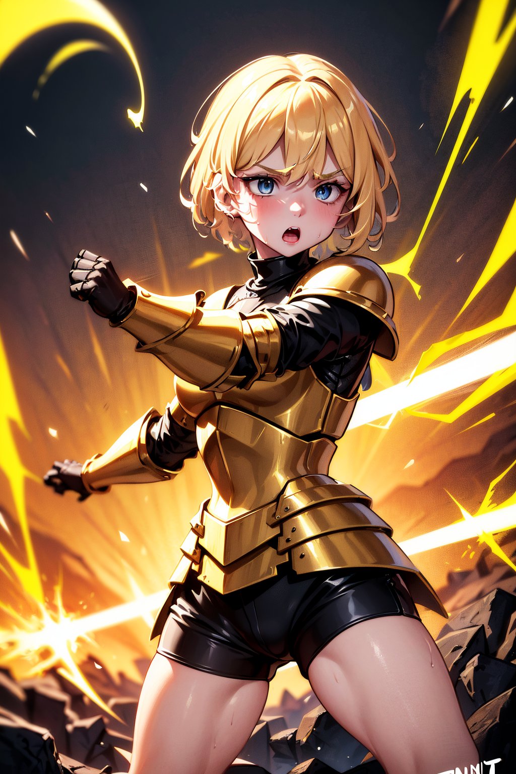 young blonde, ((surrounded by a yellow aura of power throughout her body)), ((veins all over her body)), (short hair), blue eyes, ((expression of fury, anger)), (challenging look) , (medieval combat clothing), (tight black shorts), (covered by light metal armor), (black upper clothing), (long sleeve), (standing in combat stance)) (scratches, wound) ), (in the middle of a dark forest), ((at night)).