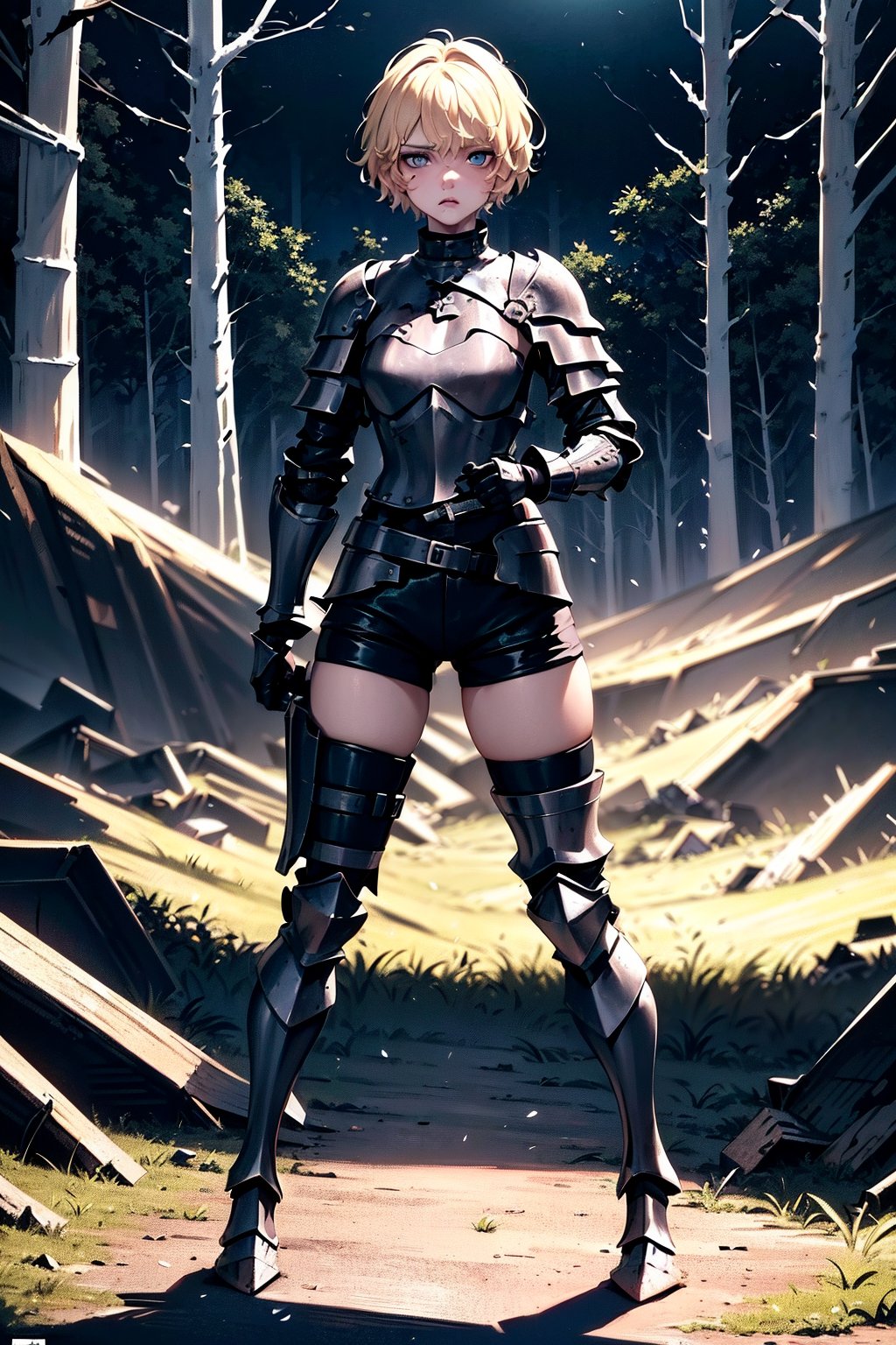 young blonde, (short hair), blue eyes, ((serious look expression)), (challenging look), (medieval combat clothing), (tight black shorts), (covered by light metal armor), (clothing black top), (long sleeve), (standing in combat position) ((in the middle of a forest)), (destroyed houses around him) (((at night))), high quality, work of art.