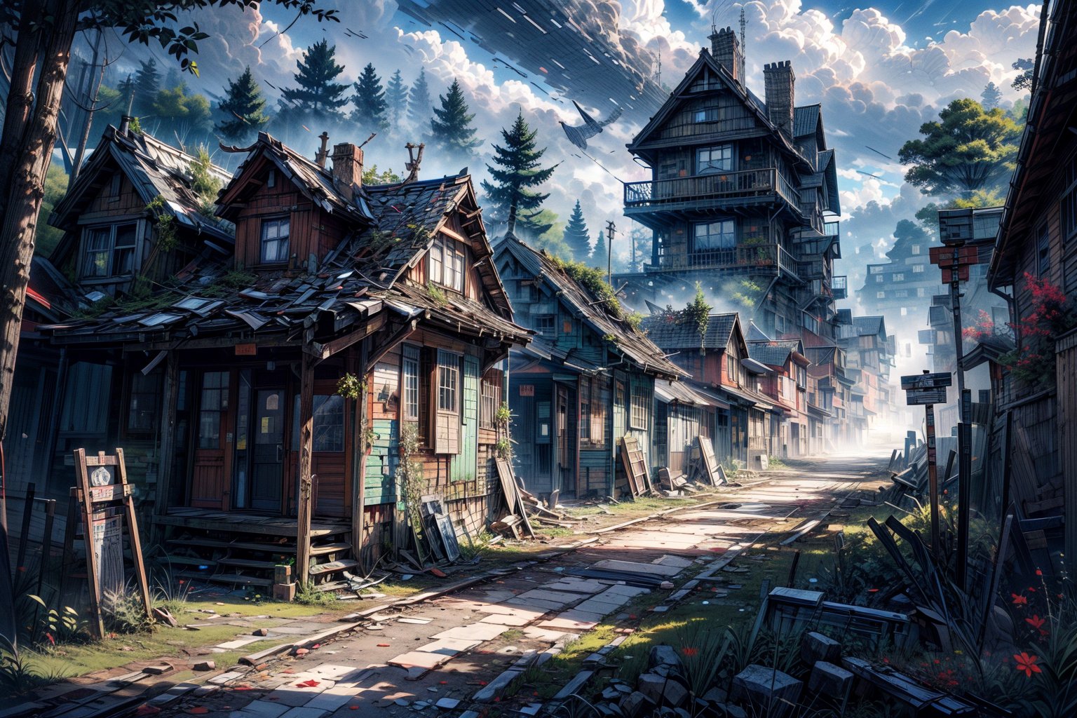 a small ((abandoned medieval city)), humble closed houses, without any people, houses, old huts, half destroyed, cloudy sky, low fog, (noon), clear, (glow), gray clouds, trees without leaves, ghost town, desolate