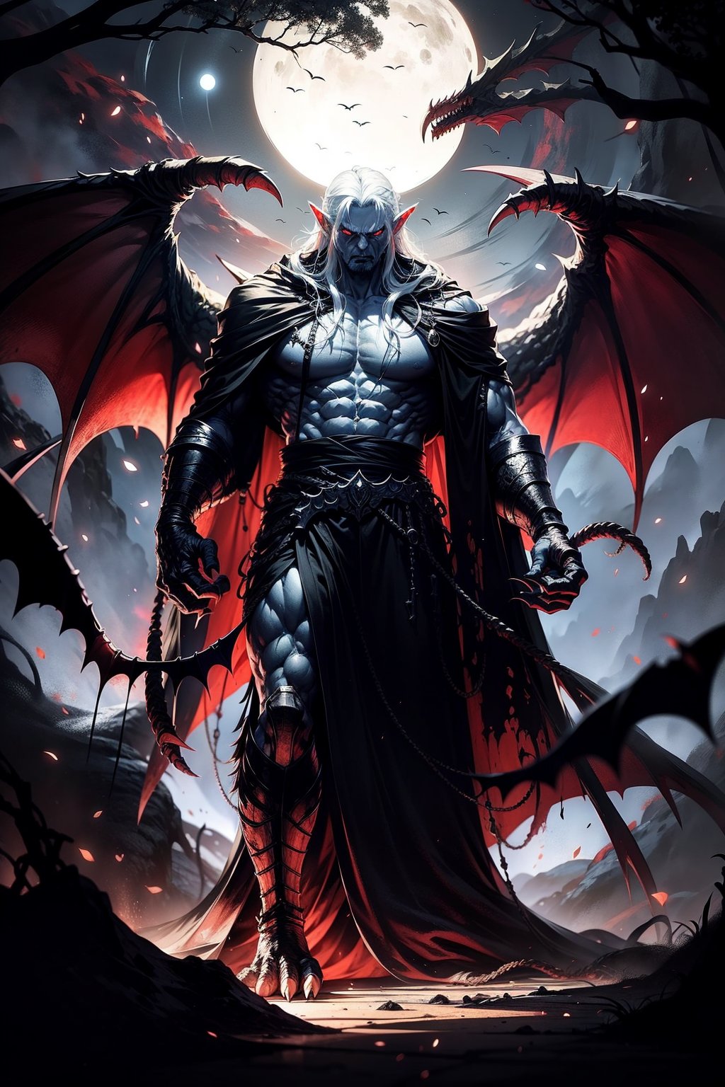 (scary monster, appearance of a burly man) (vampire), (elf ears), ((angry look)), (angry expression), (fangs), (red eyes), (long white hair), ( muscular body), (protruding veins), tall, (bat wings), ((completely white, pale skin)), (claws on feet and hand), (lying on the ground defeated), view from the air, (a black robe, old and torn, set), standing in the middle of a dark forest, ((at night))