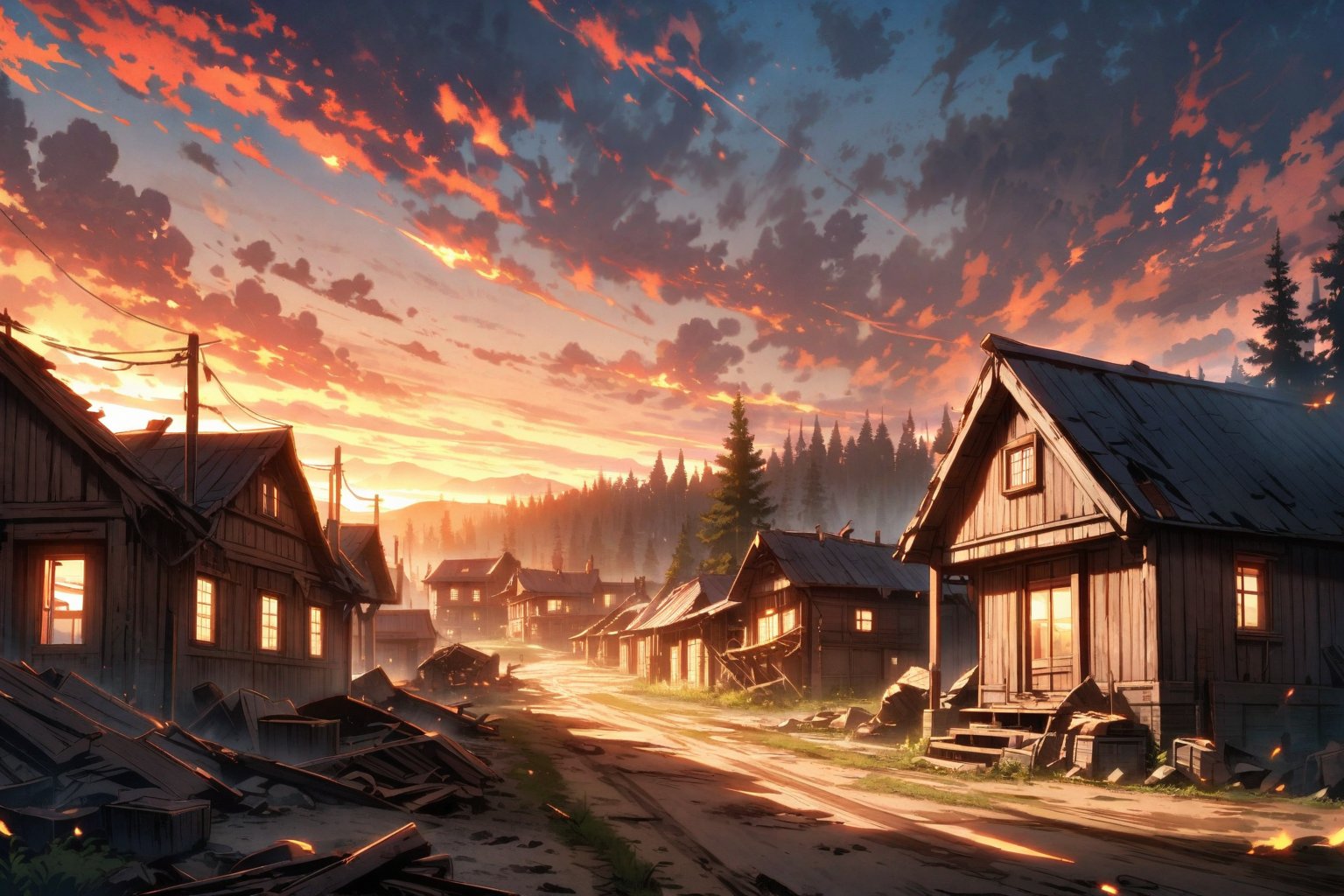 (small destroyed town) scene of a town that was destroyed, destroyed wooden houses, sunset atmosphere illuminated by the flames of the destroyed houses, dirt road, trees.