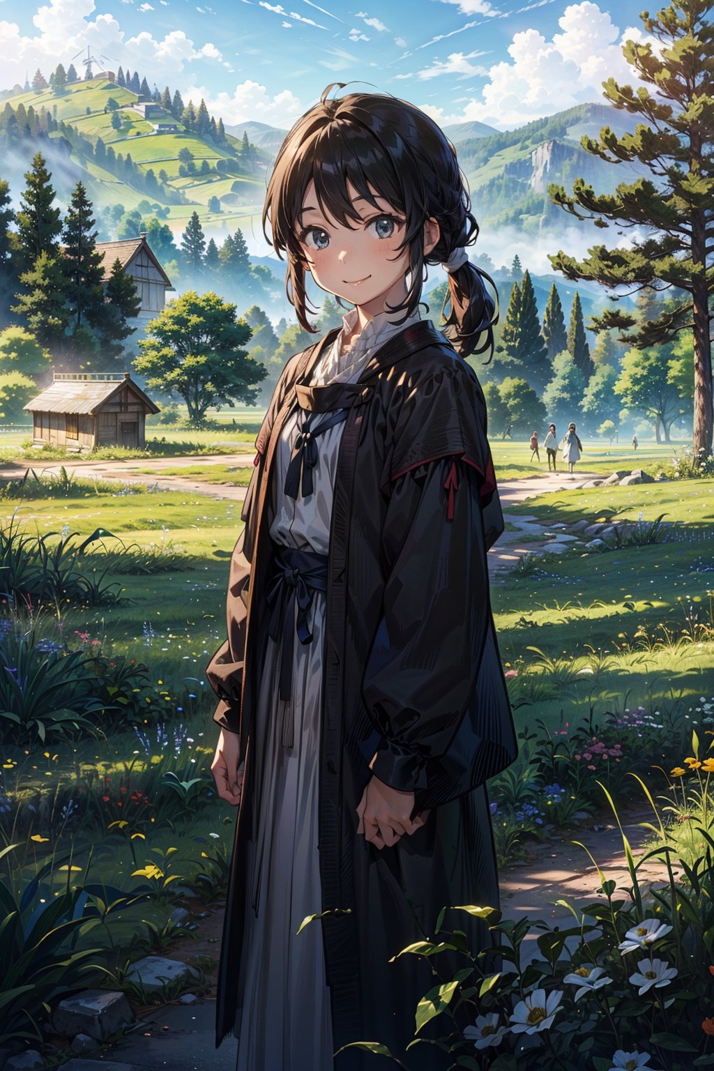 (1 girl), standing alone on a road (8 years old), (black hair tied up), (suit), (medieval, ancient dress), (peasant clothing) ((clothing color, black bottom and top white)), ((smiling expression)), ((in a field, plain, hills)), trees, flowers, (plain), (wind), (day), ((a beautiful day)), ( clear).