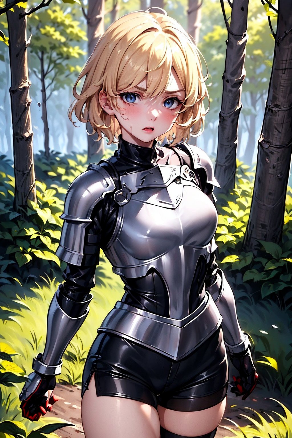 young blonde, (short hair), blue eyes, (expression on her face of enthusiasm, determined) happy with angry look, red cheeks, (medieval combat clothing), (black, tight shorts), (covered by armor of light metal), (black top clothing), (long sleeve), ((in a setting in the middle of a forest)), (during the dark night), high quality, work of art.