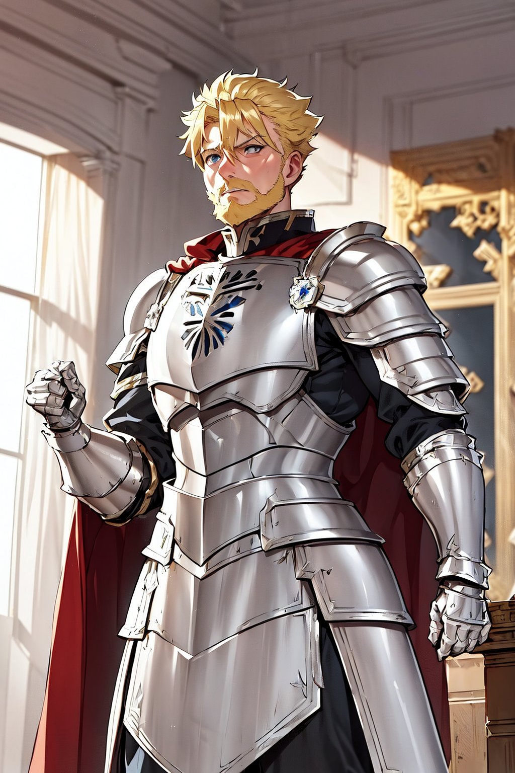 1 man, ((appearance of a King)), (Blonde hair, blonde beard,) age 50, blue eyes, dress ((silver armor)) that reflects his body in excellent condition, a red cape with white edges, (( a crown, large, made of gold with embedded pearls), a look of sadness, in an office, interior of a room,