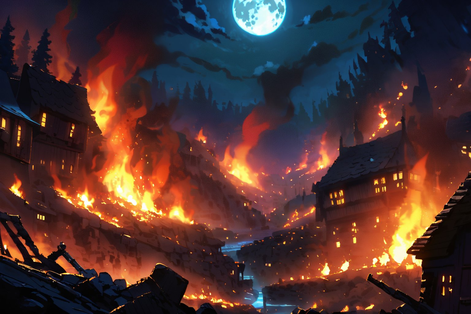 (medieval town), (humble houses destroyed), (houses burning)((burning)), (in the middle of the night), (destruction), 1 full moon, (in the middle of a forest).